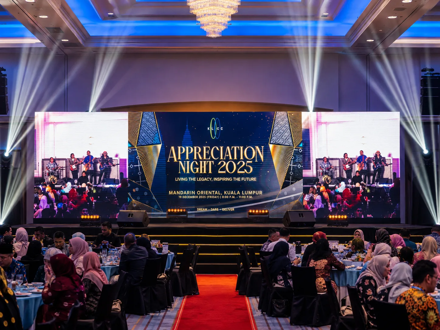 KLCC Appreciation Night 2025 – full ballroom at Mandarin Oriental with wide LED screen and live band under dramatic beam lighting